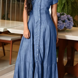 Flared Denim Maxi Shirt Dress
