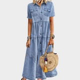 Buttoned Short-Sleeve Denim Maxi Dress
