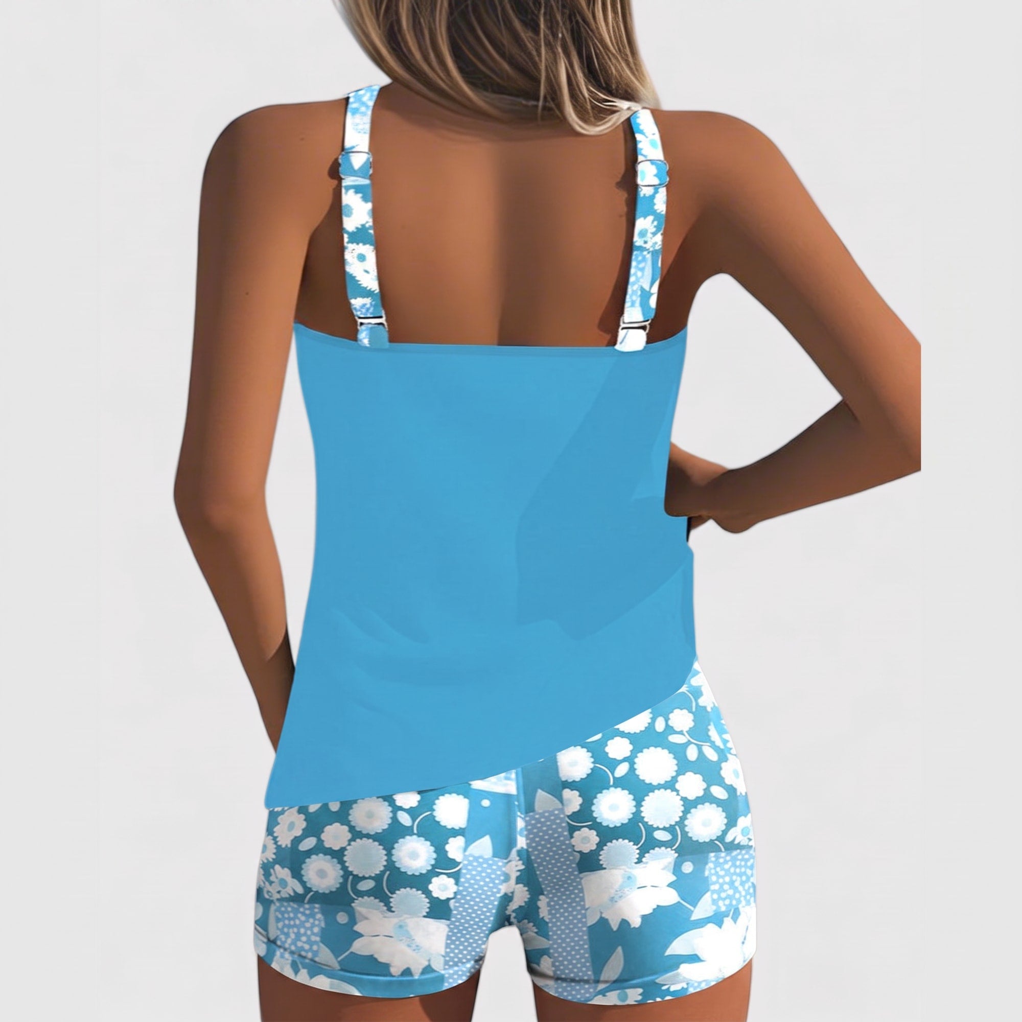 Comfortable Swimsuit in Cobalt with Floral Shorts Light Blue, photo studio