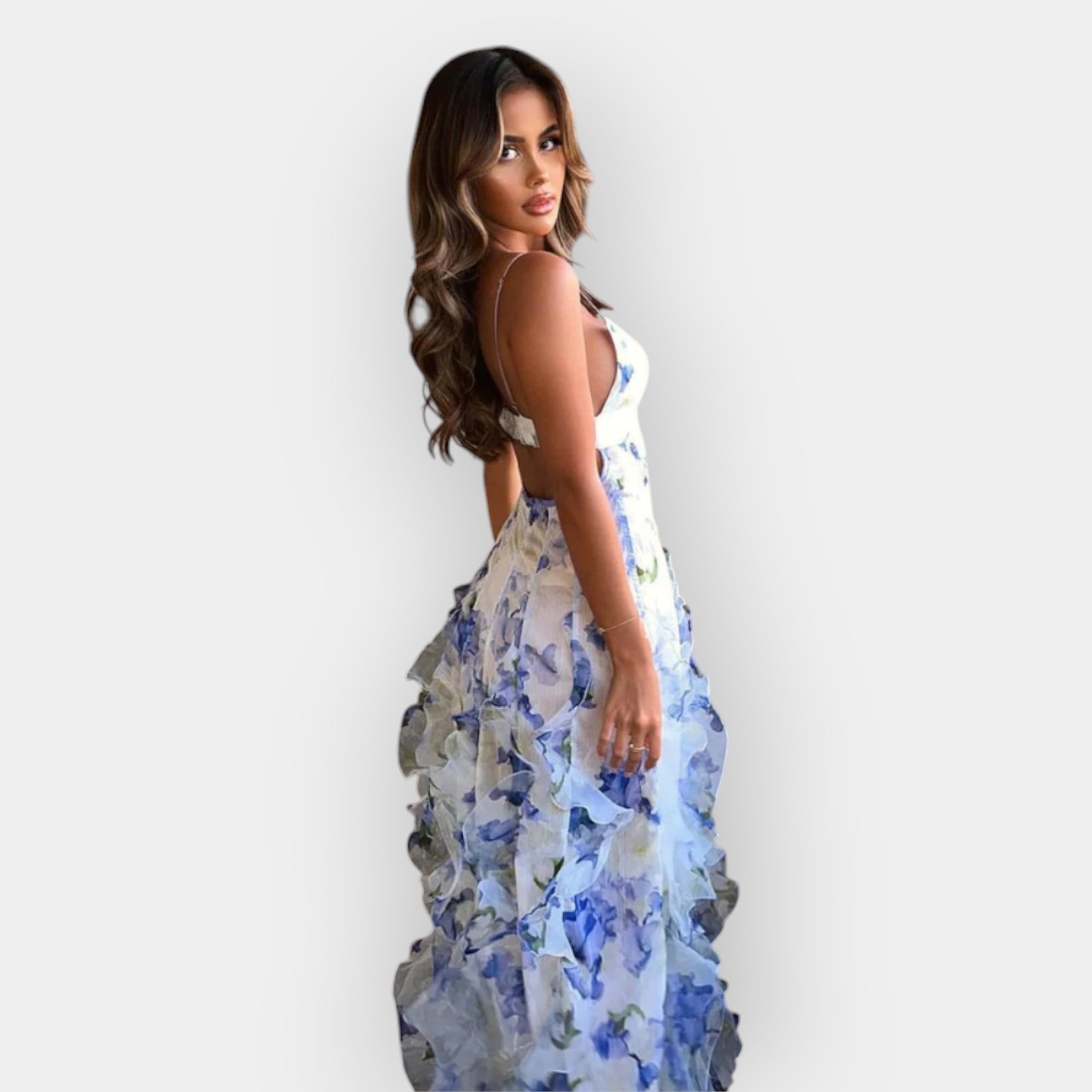Maxi Dress with Ruffles Blue, photo studio