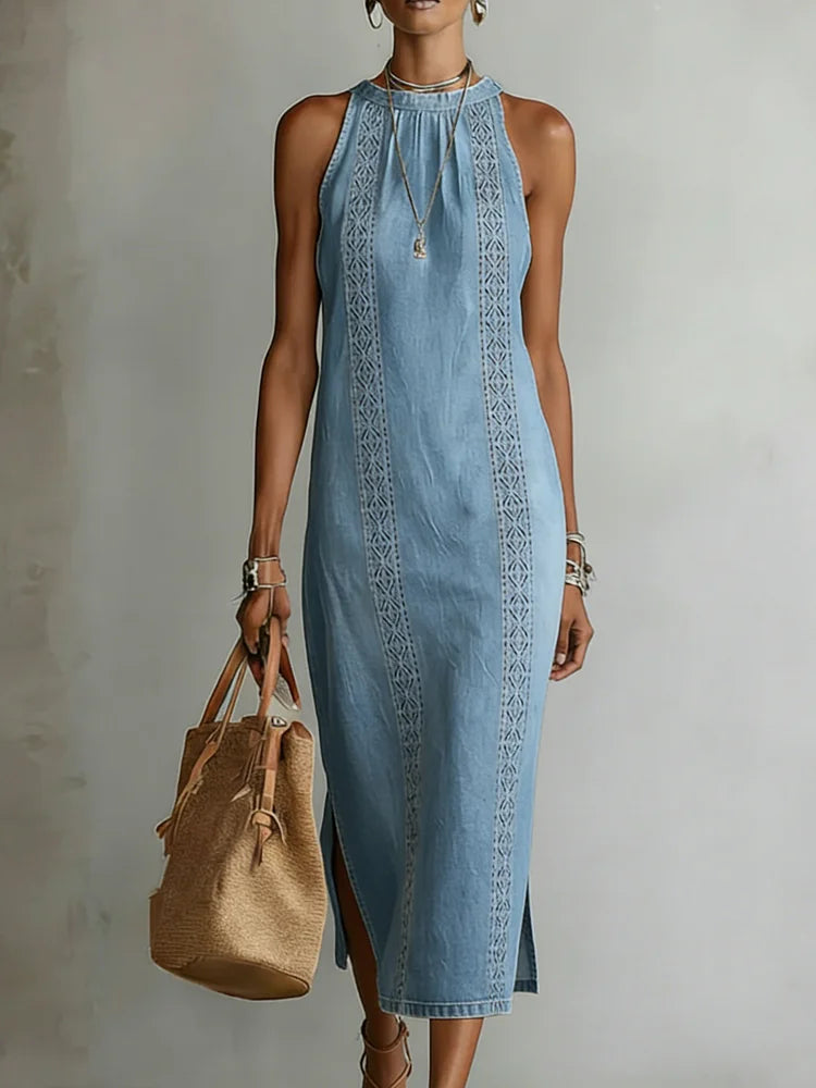 Embroidered High-Neck Denim Maxi Dress
