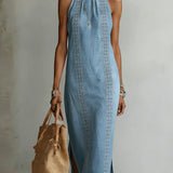 Embroidered High-Neck Denim Maxi Dress