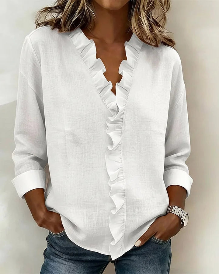Hope | Refined Ruffled V-Neck Blouse White, studio photo