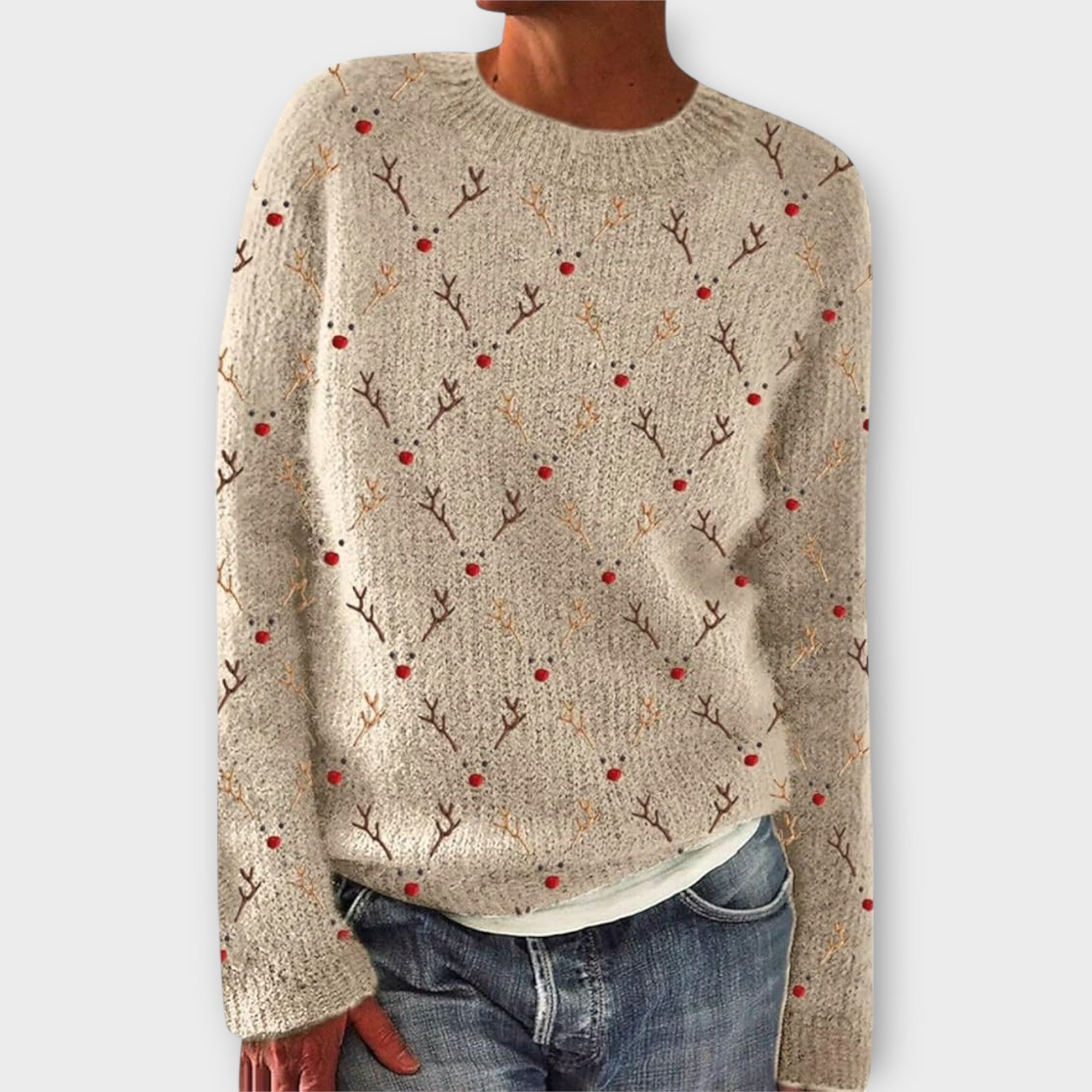Reindeer Christmas Jumper Beige, studio photo
