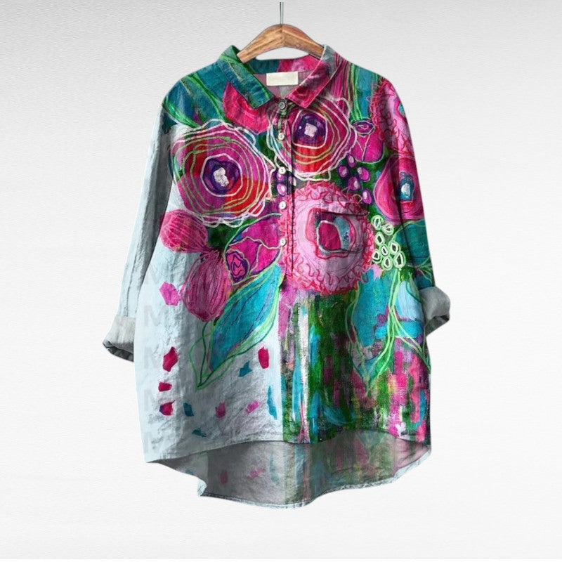 Elegant Summer Blouse in Teal Garden Bloom Print 3, photo studio