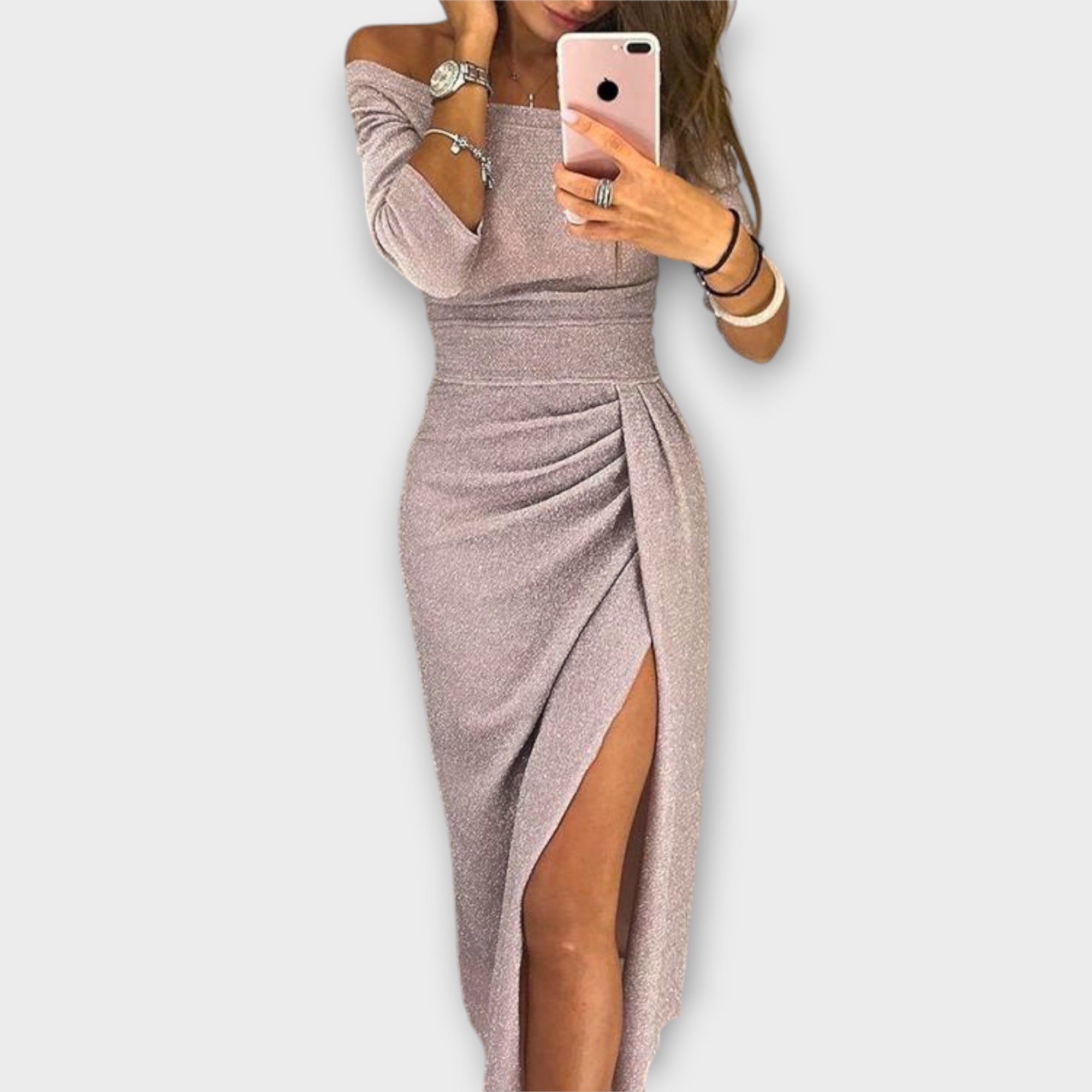 Lena | Elegant Off-Shoulder Dress Purple, photo studio