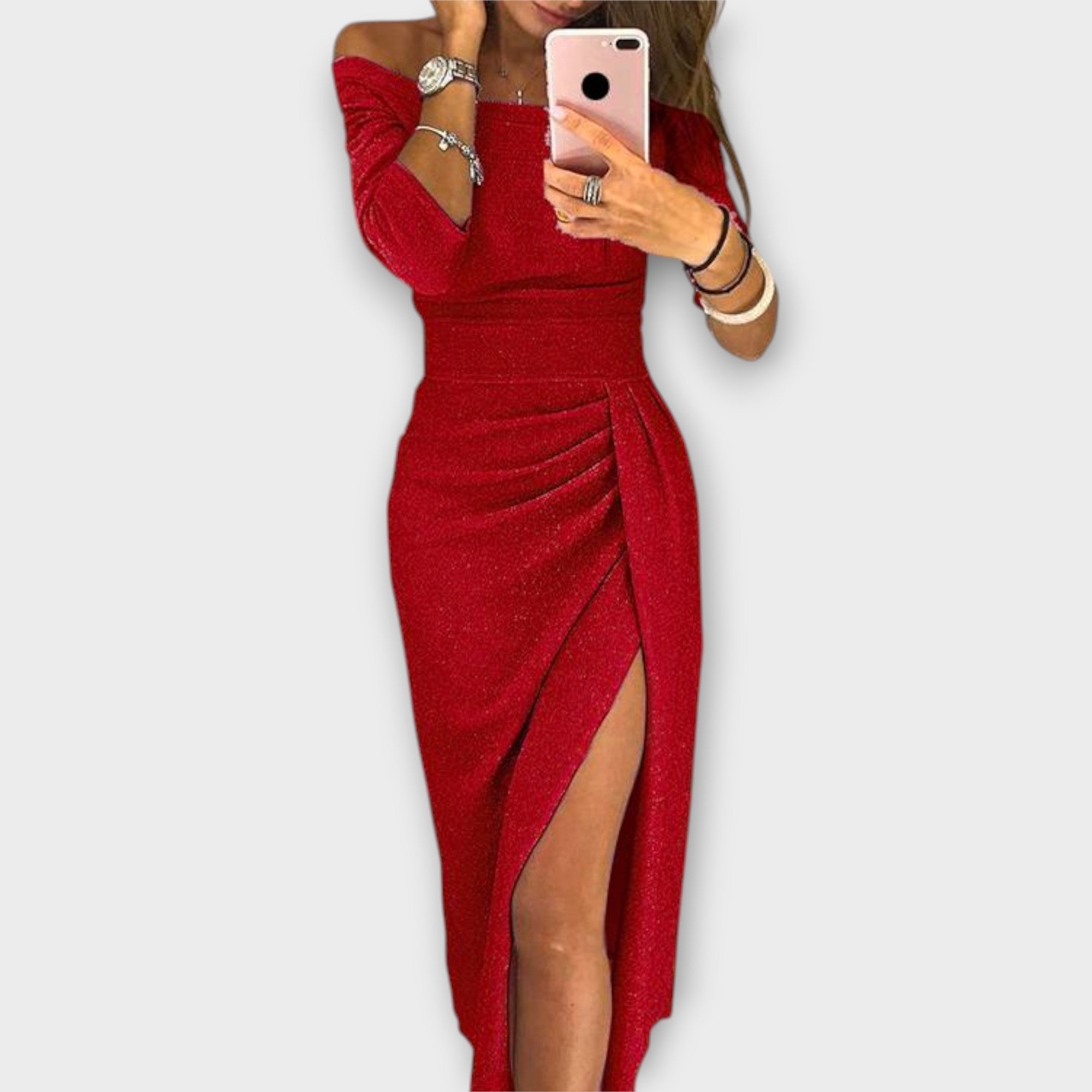 Lena | Elegant Off-Shoulder Dress Red, photo studio