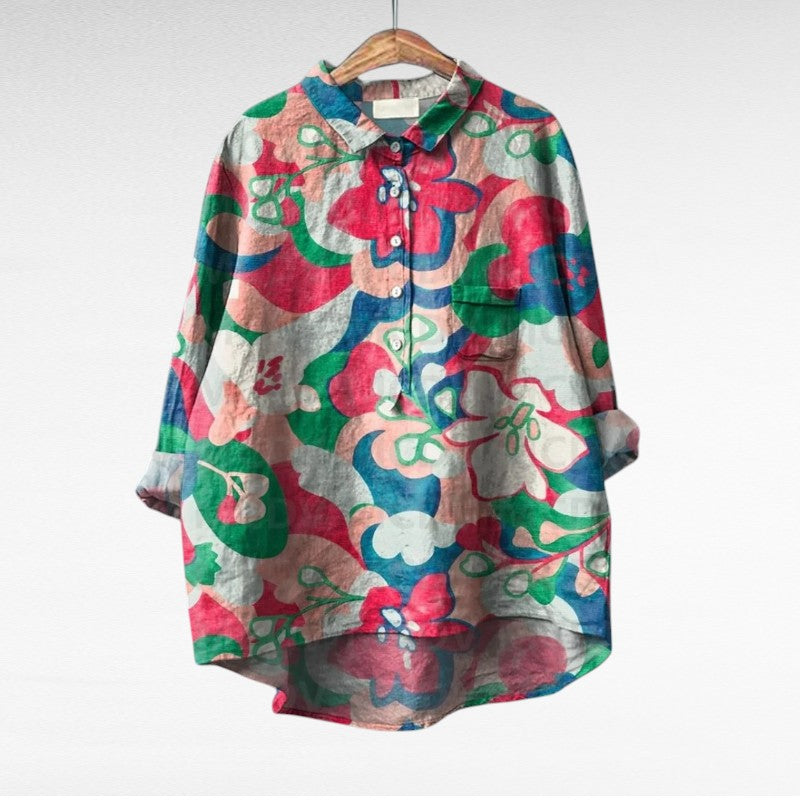 Elegant Summer Blouse in Teal Garden Bloom Print 8, photo studio