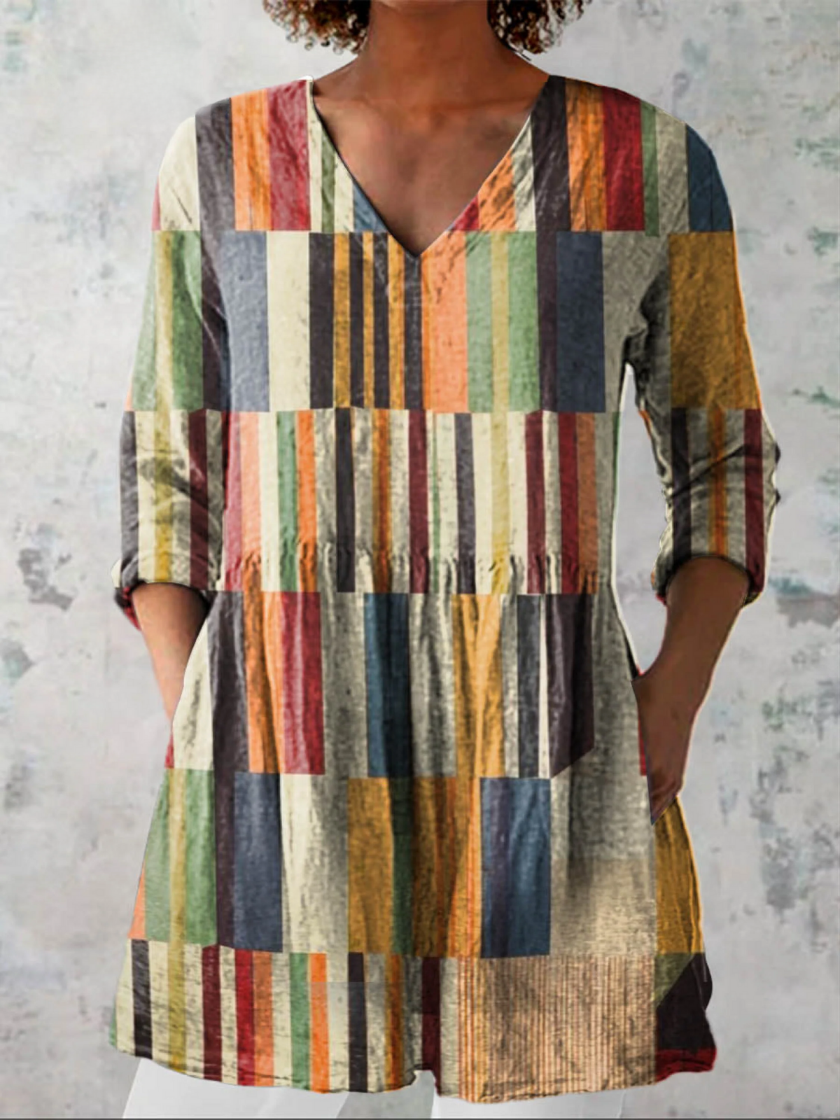 Doris | Long V-Neck Patchwork Blouse Multicolour, studio photo