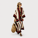 Elegant Kaftan in Cream and Crimson Panel