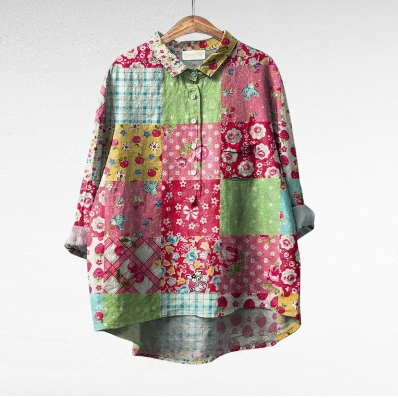 Elegant Summer Blouse in Teal Garden Bloom Print 10, photo studio