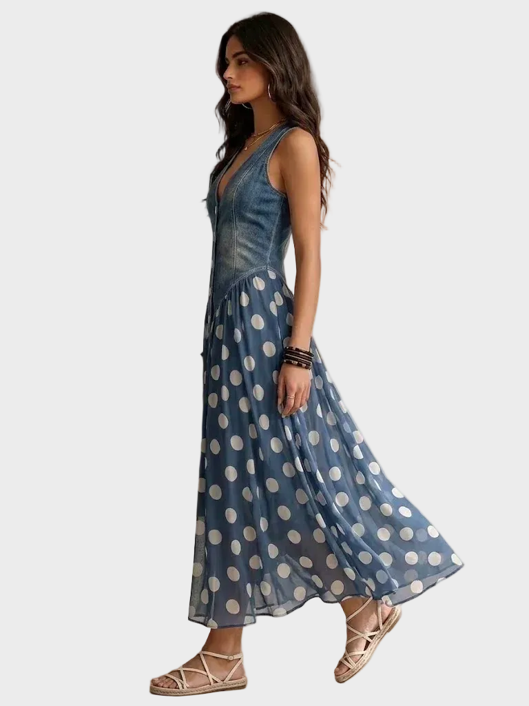 Veda | Denim Dress with Polka Dot Chiffon Hem