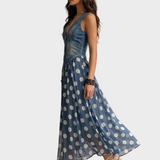 Veda | Denim Dress with Polka Dot Chiffon Hem