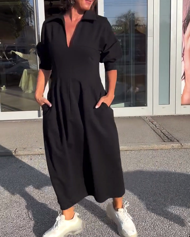 Portia | Black Collared Midi Dress with Pockets
