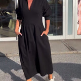 Portia | Black Collared Midi Dress with Pockets