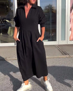 Portia | Black Collared Midi Dress with Pockets
