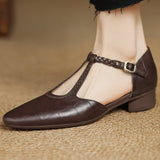 Eliana | Braided T-Strap Shoes with Open Sides and a Low Heel