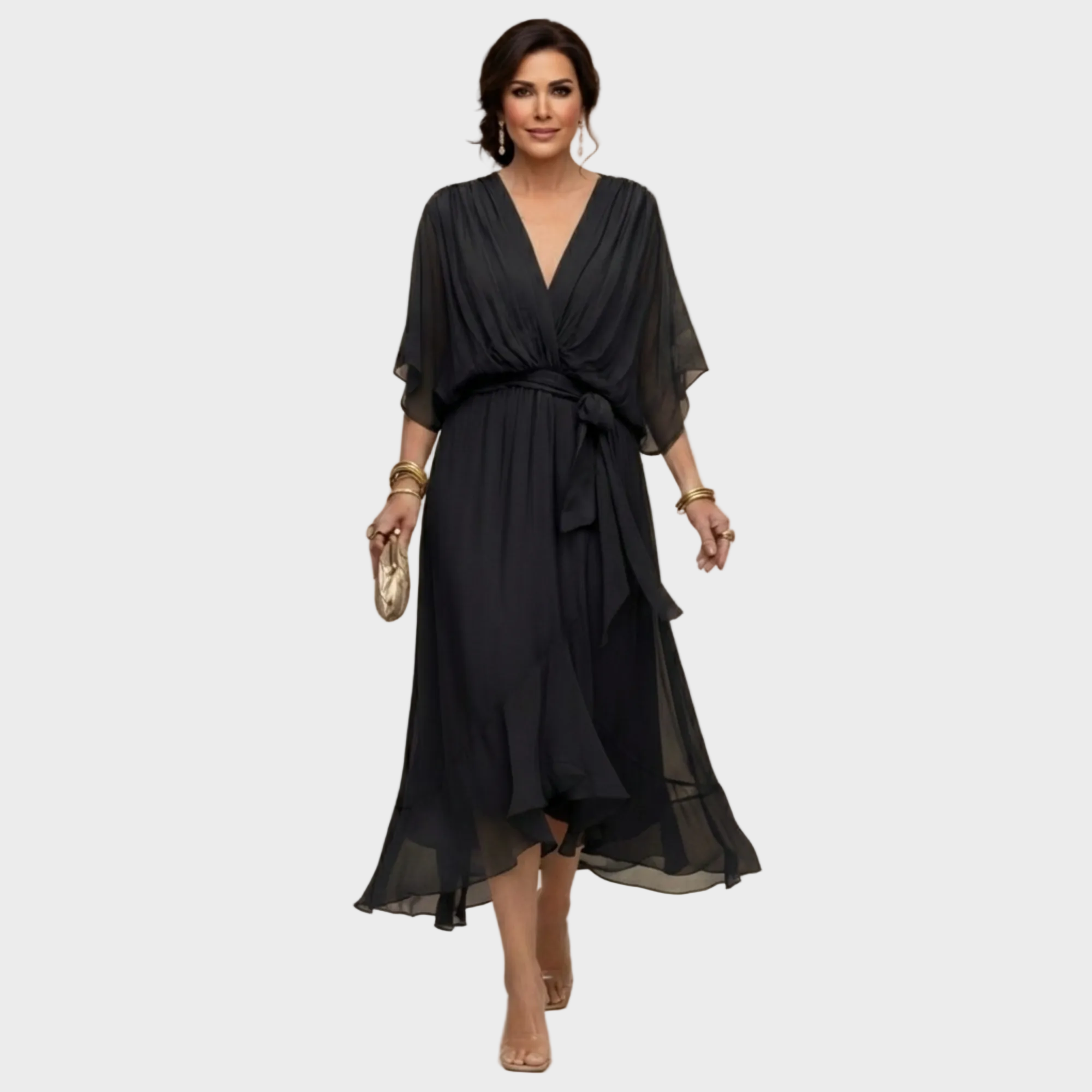 Monica | V-Neck Chiffon Dress Black, photo studio