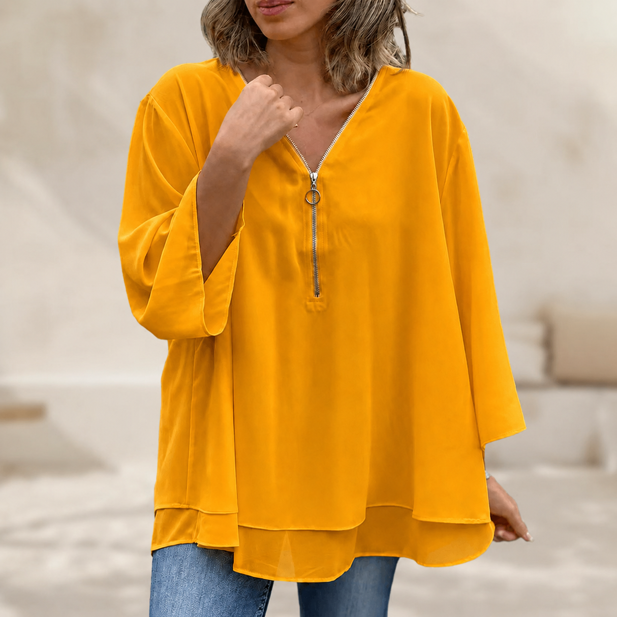 Anika | Double-Hem Zip-Neck Blouse
