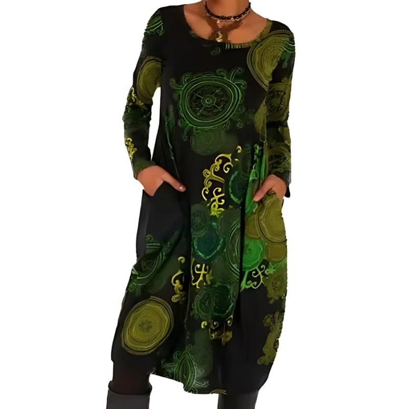 Bernie | All-Over Print Midi Dress with Pockets Green, studio photo