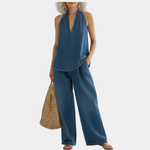 Denim Top and Wide-Leg Trousers Set