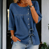 Vintage Denim Longline Blouse with Bows