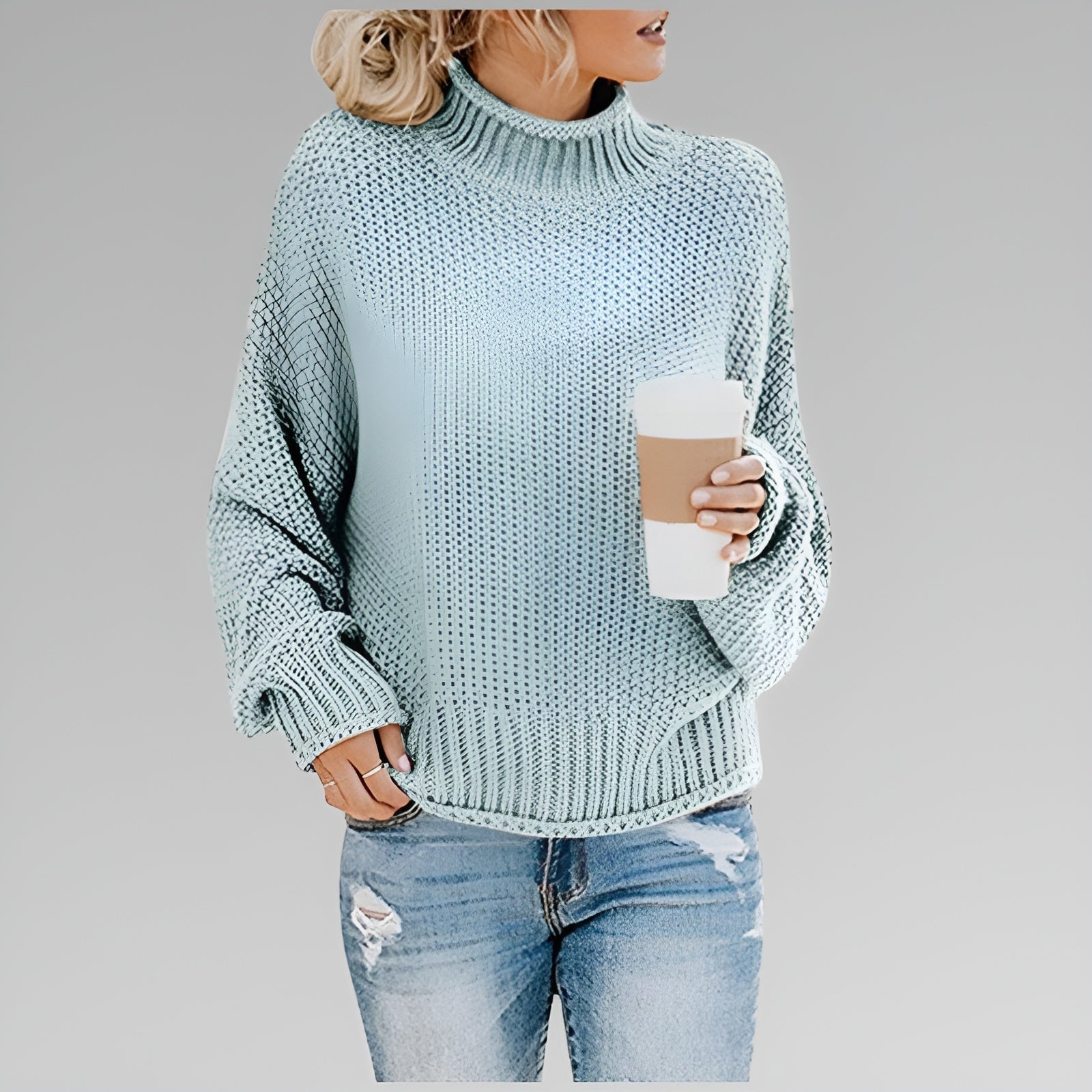 Orange High-Neck Jumper Pale Blue, studio photo