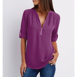 Carole | Zip-Neck Blouse with Roll-Up Sleeves