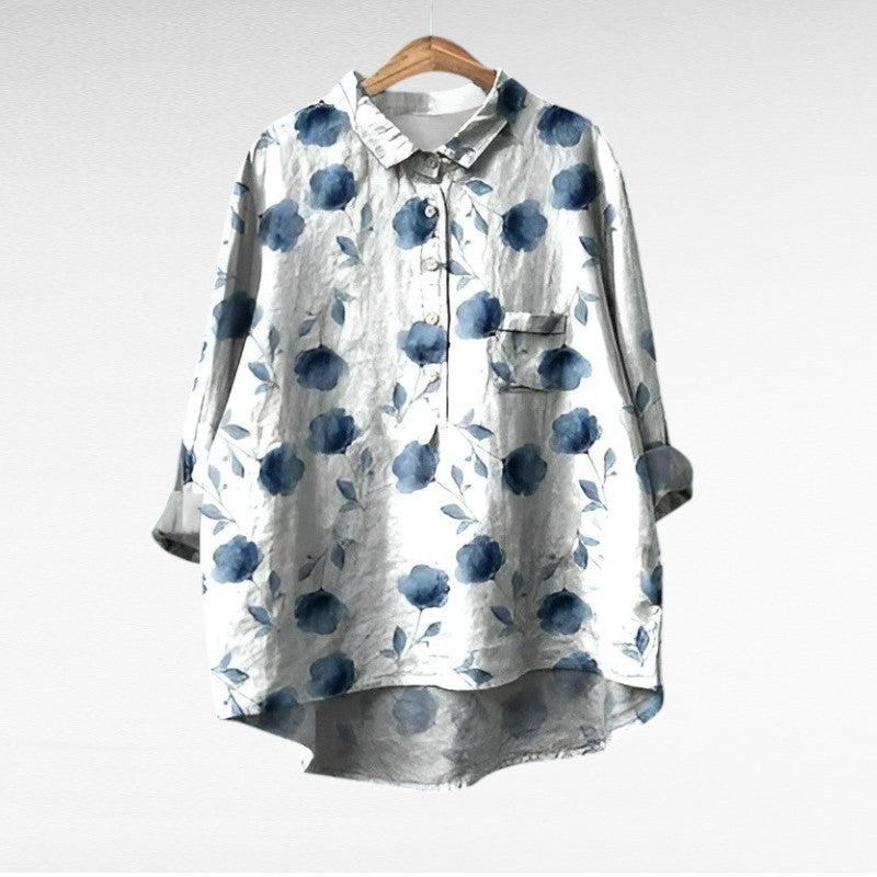 Elegant Summer Blouse in Navy Cornflower Print 4, photo studio