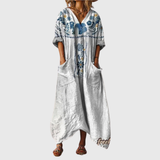 Lexi | Stretch Maxi Dress in White and Blue Delft