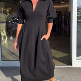 Portia | Black Collared Midi Dress with Pockets