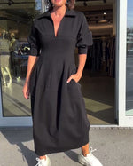 Portia | Black Collared Midi Dress with Pockets