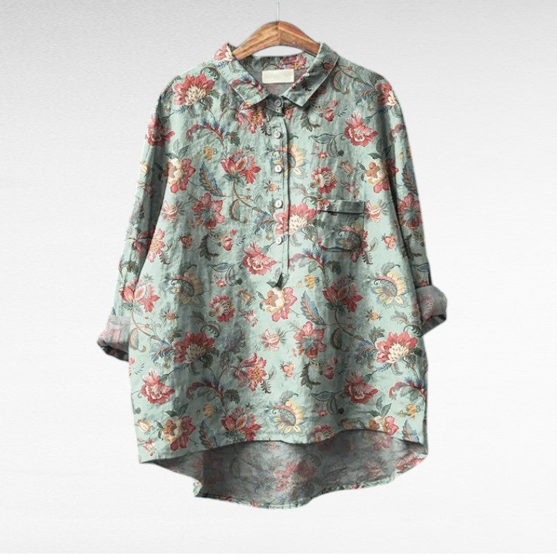 Elegant Summer Blouse in Pink Cut-Paper Floral Print 2, photo studio