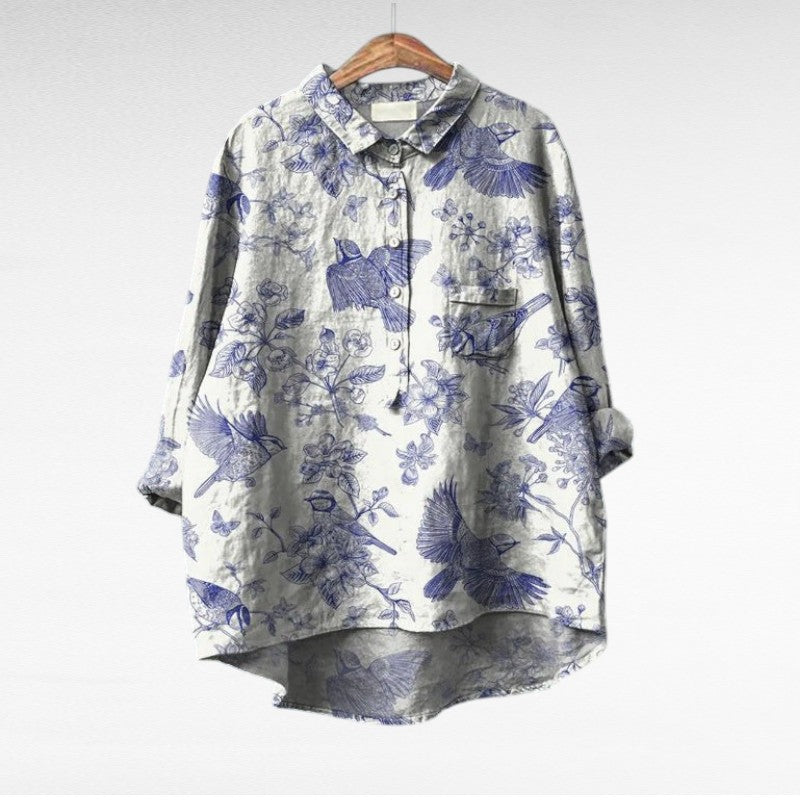 Elegant Summer Blouse in Pink Cut-Paper Floral Print 3, photo studio