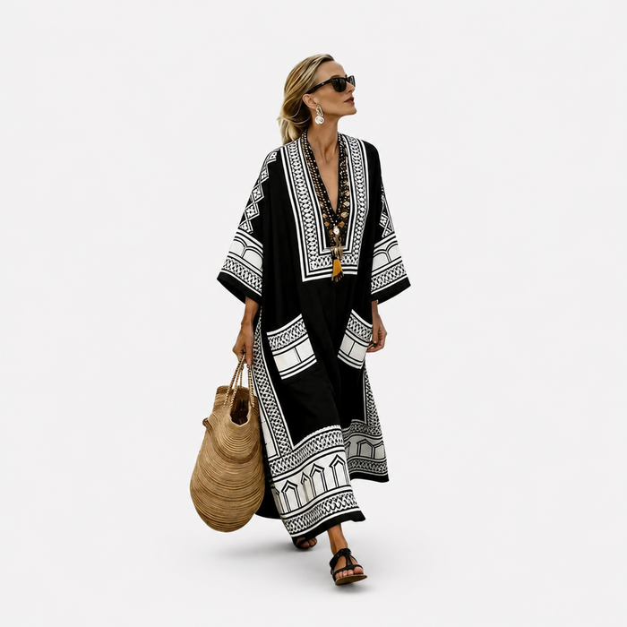Elegant Kaftan in Black and White Tribal