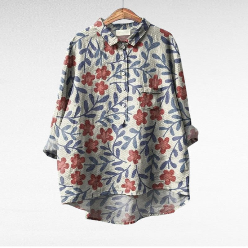 Elegant Summer Blouse in Pink Cut-Paper Floral Print 4, photo studio