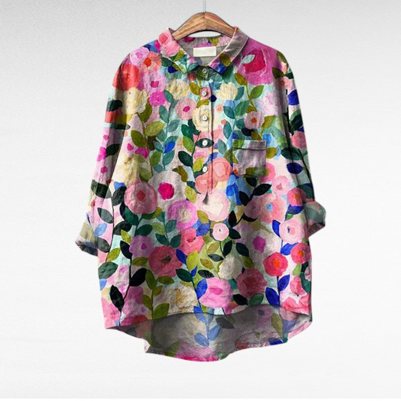 Elegant Summer Blouse in Pink Cut-Paper Floral Print 1, photo studio