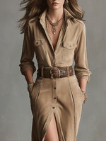 Trendy Brown Suede Midi Dress