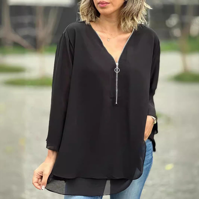 Anika | Double-Hem Zip-Neck Blouse Black, studio photo