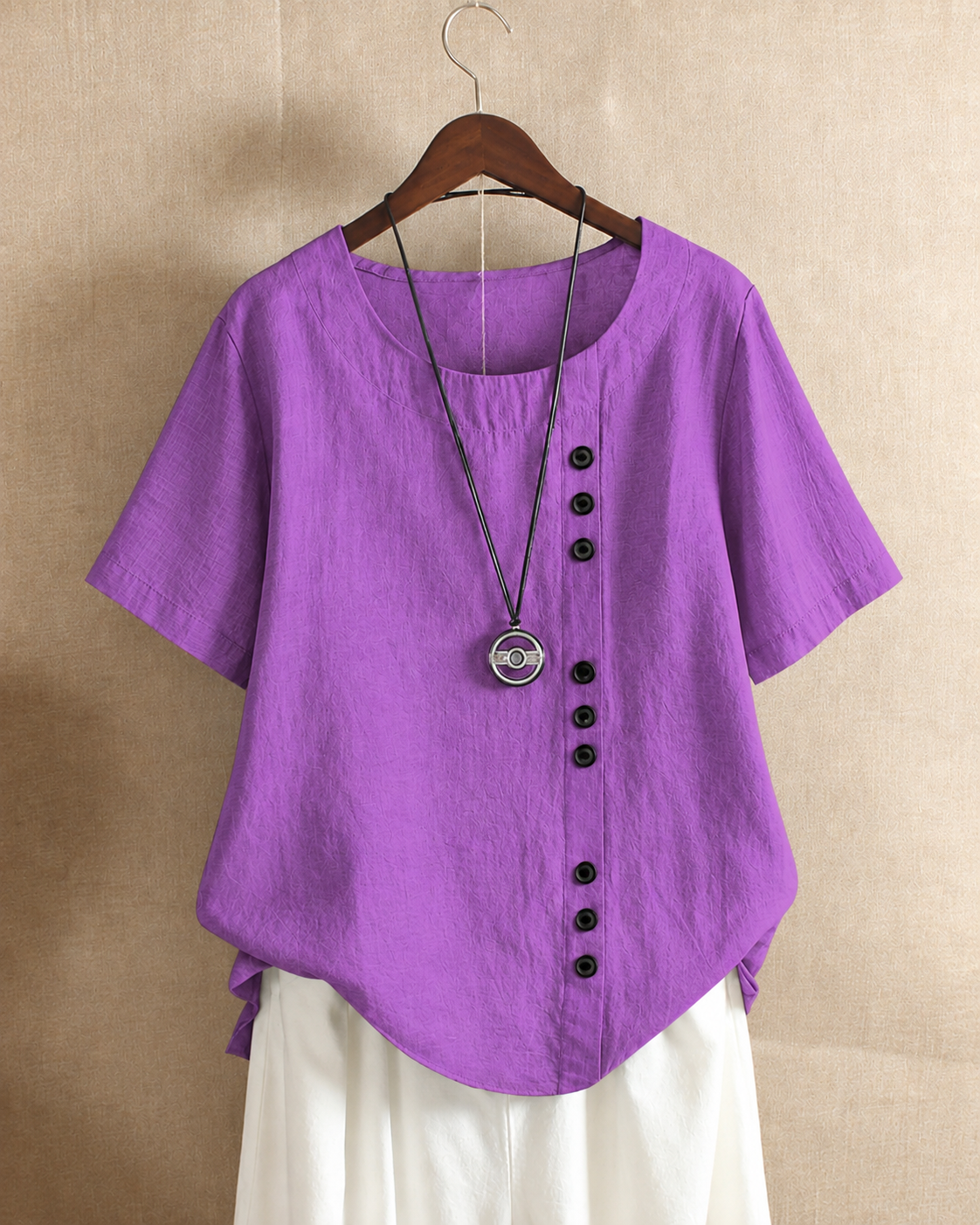 Ursula | Asymmetric Button Blouse Purple, studio photo