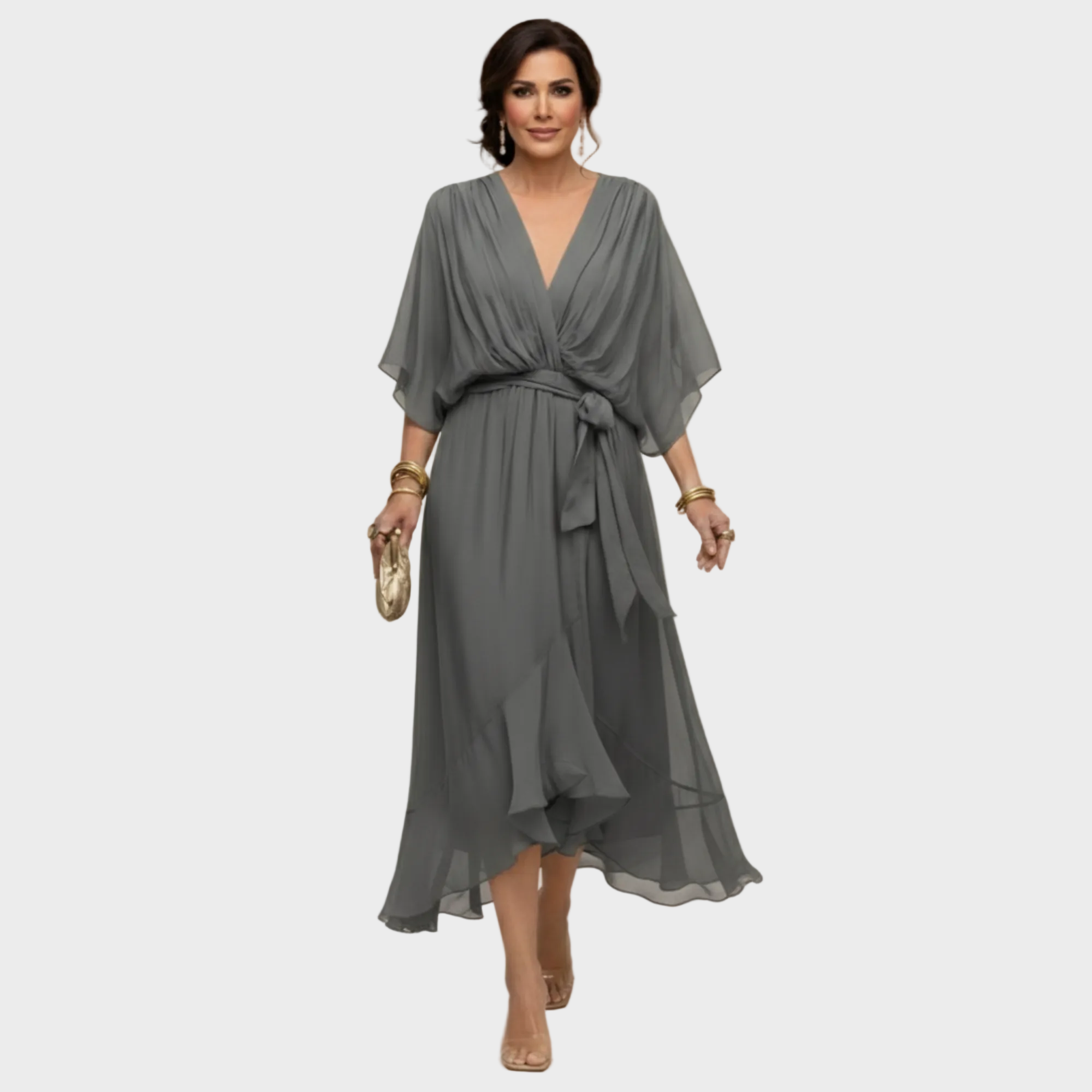 Monica | V-Neck Chiffon Dress Light Grey, photo studio