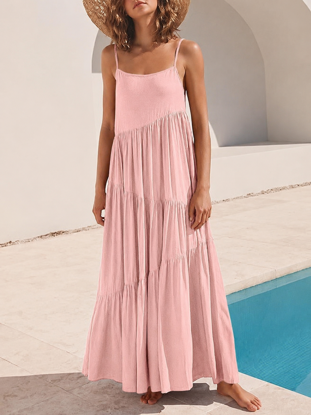 Eloisa | Airy Tiered Ruffle Dress Baby Pink, studio photo