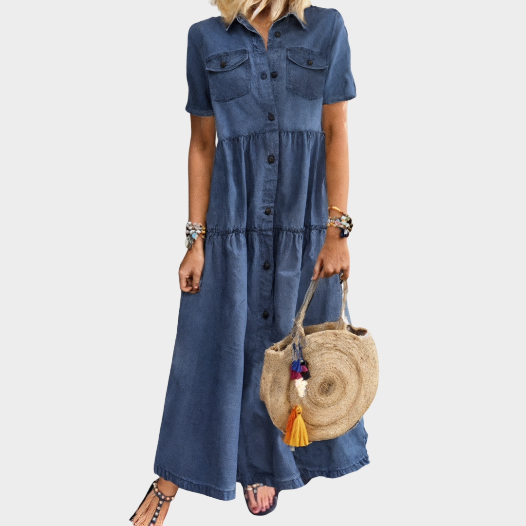 Buttoned Short-Sleeve Denim Maxi Dress Navy, studio photo
