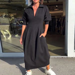 Portia | Black Collared Midi Dress with Pockets