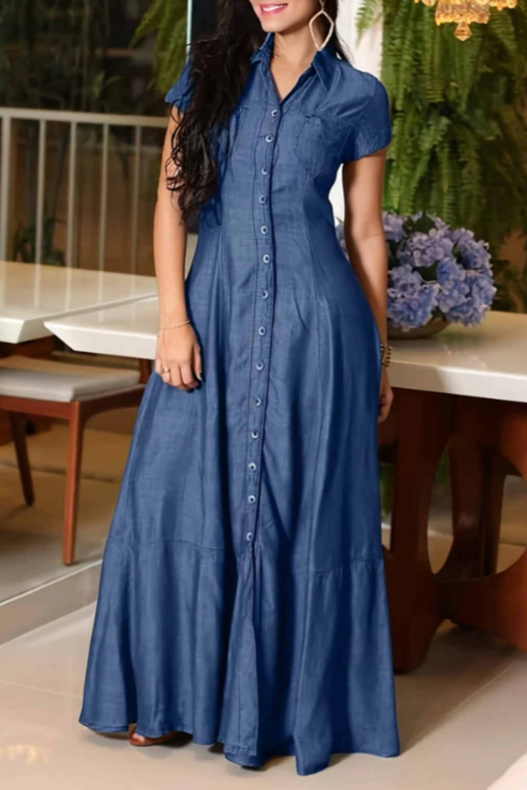 Flared Denim Maxi Shirt Dress