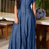 Flared Denim Maxi Shirt Dress