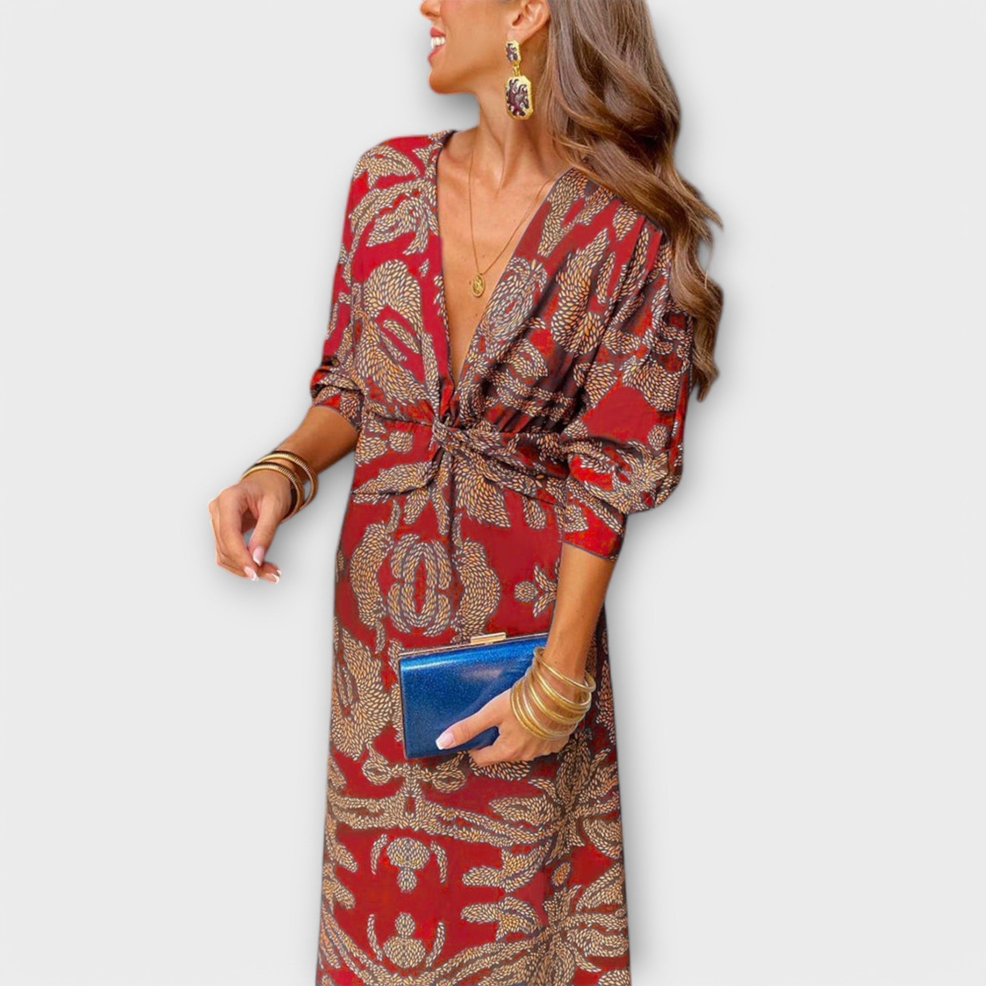 Mila | Elegant Long-Sleeve Dress Red, photo studio