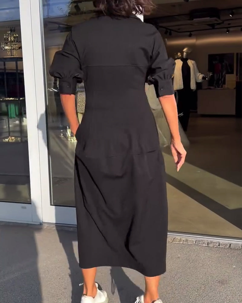 Portia | Black Collared Midi Dress with Pockets