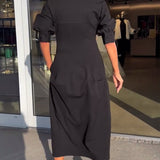 Portia | Black Collared Midi Dress with Pockets