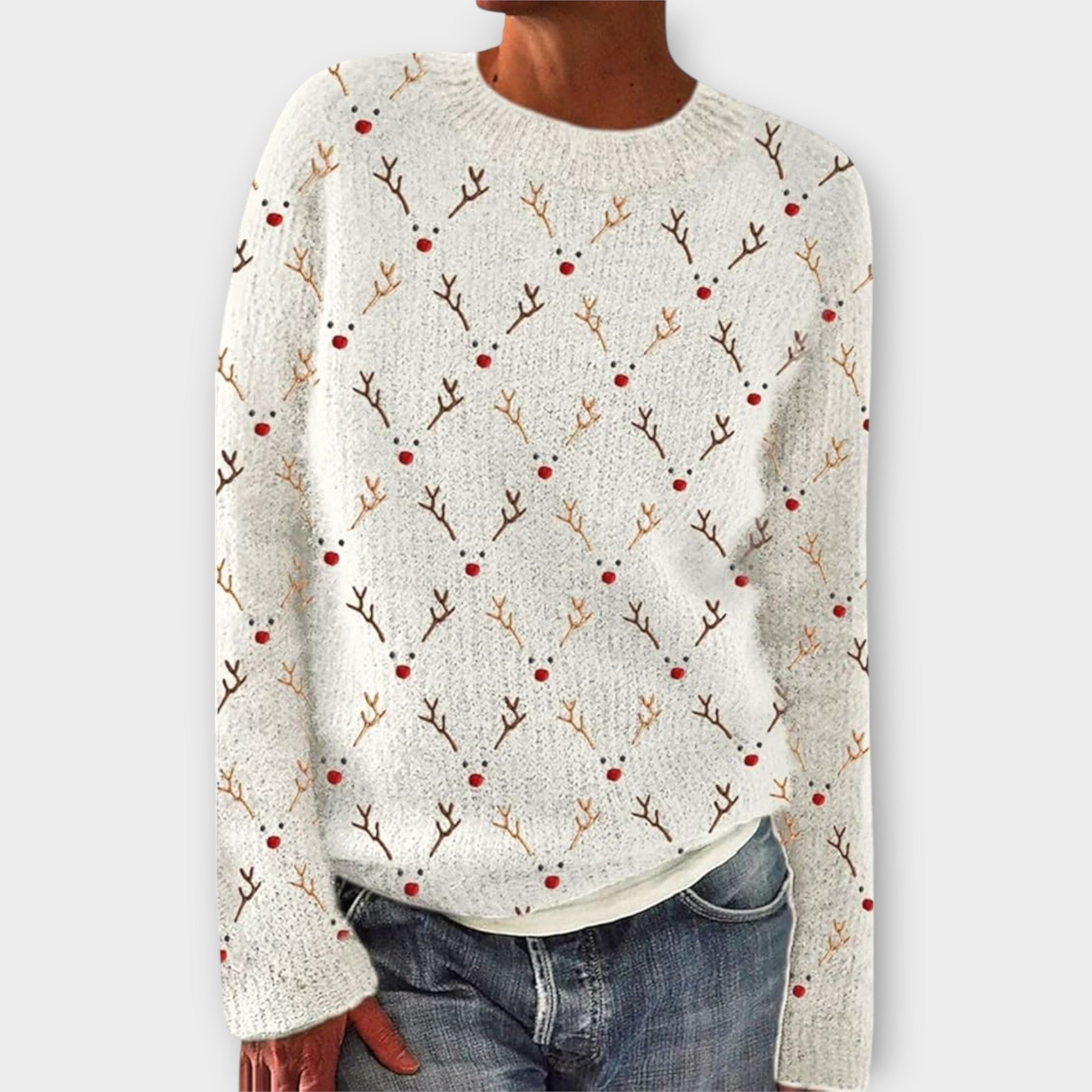 Reindeer Christmas Jumper White, studio photo